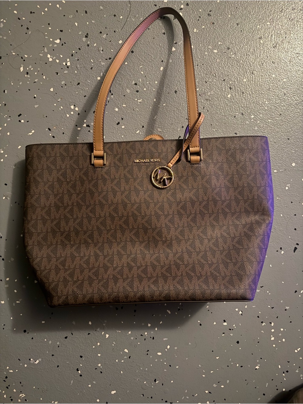 Michael Kors Brown MK Signature Tote with Gold Logo Charm